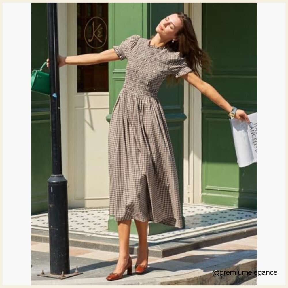 Women's Cotton Smocked Midi Dress with Puff Sleeves, Flowy A-Line - Picture 3 of 7